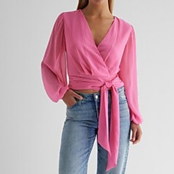 NWOT Express V-Neck Long Sleeve Faux Wrap Pleated Back Tie Waist Top, Pink, XS - Picture 3 of 9